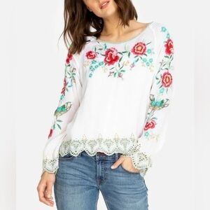 Johnny Was top Reena Floral Embroidered Georgette blouse Long-Sleeve Scallop Hem
